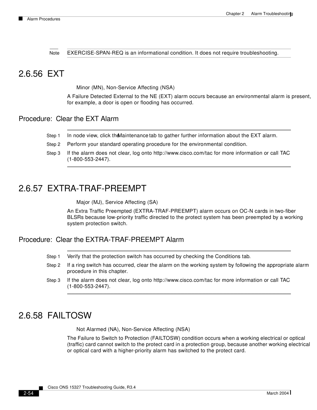 Cisco Systems ONS 15327 manual 56 EXT, Extra-Traf-Preempt, Failtosw, Procedure Clear the EXT Alarm 