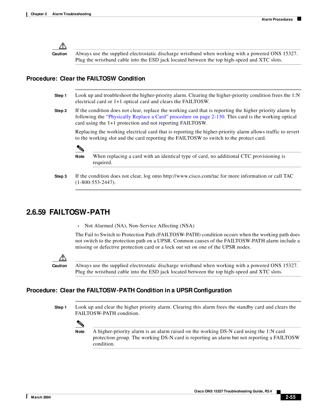 Cisco Systems ONS 15327 manual Failtosw-Path, Procedure Clear the Failtosw Condition 