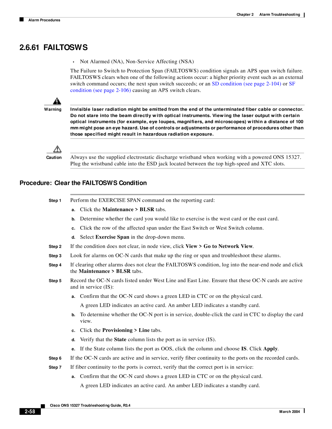 Cisco Systems ONS 15327 manual Procedure Clear the Failtosws Condition 