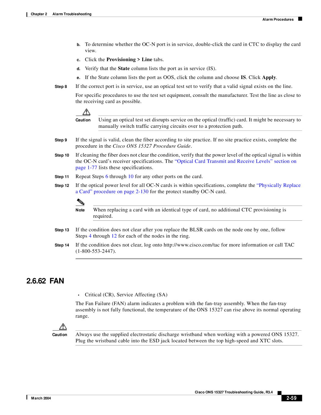 Cisco Systems ONS 15327 manual 62 FAN 