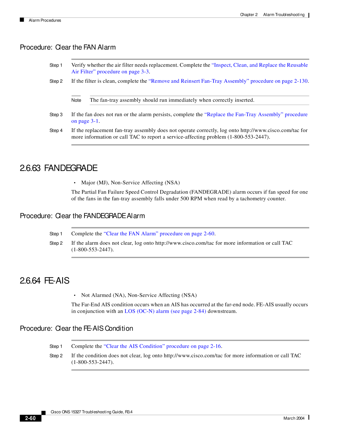 Cisco Systems ONS 15327 manual Fe-Ais, Procedure Clear the FAN Alarm, Procedure Clear the Fandegrade Alarm 