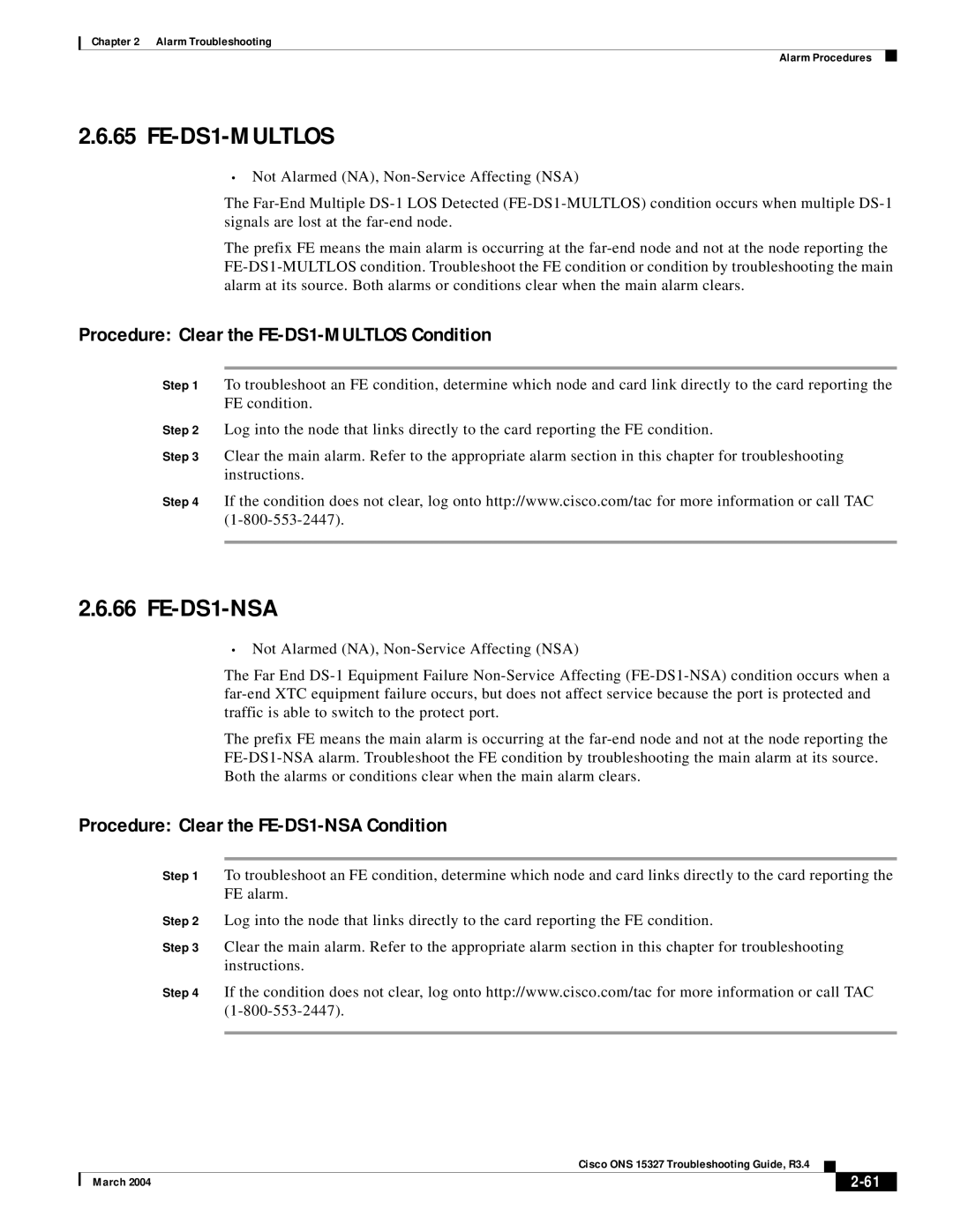 Cisco Systems ONS 15327 manual FE-DS1-NSA, Procedure Clear the FE-DS1-MULTLOS Condition 