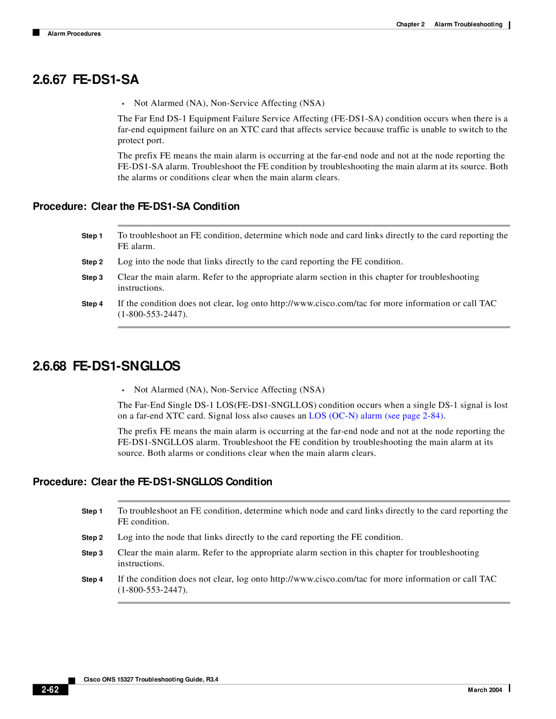 Cisco Systems ONS 15327 manual FE-DS1-SNGLLOS, Procedure Clear the FE-DS1-SA Condition 