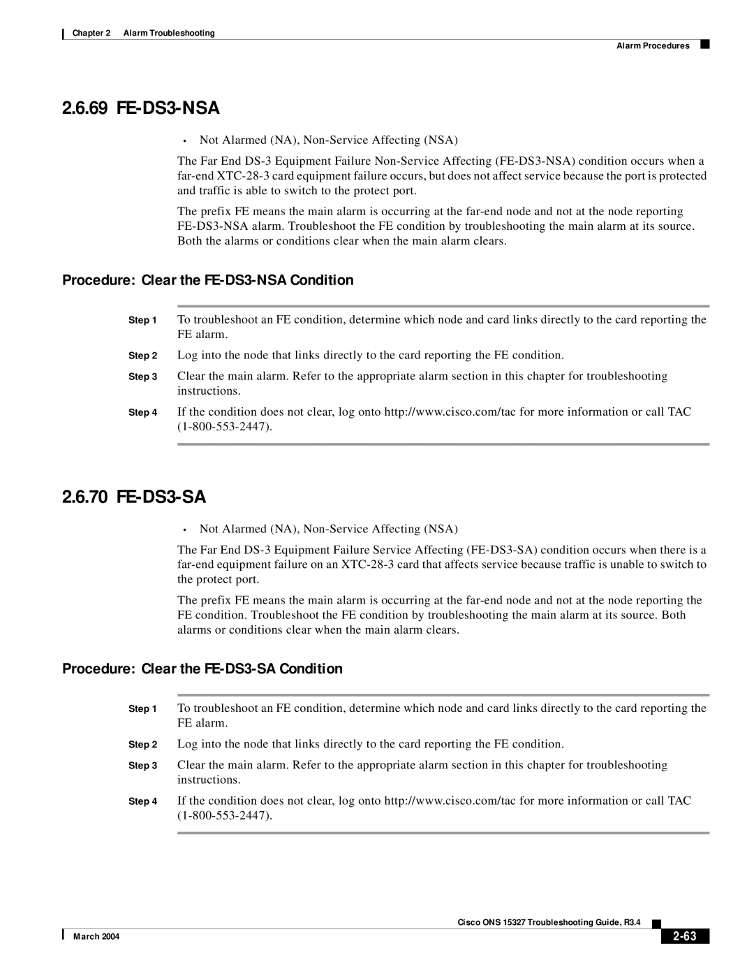 Cisco Systems ONS 15327 manual Procedure Clear the FE-DS3-NSA Condition, Procedure Clear the FE-DS3-SA Condition 