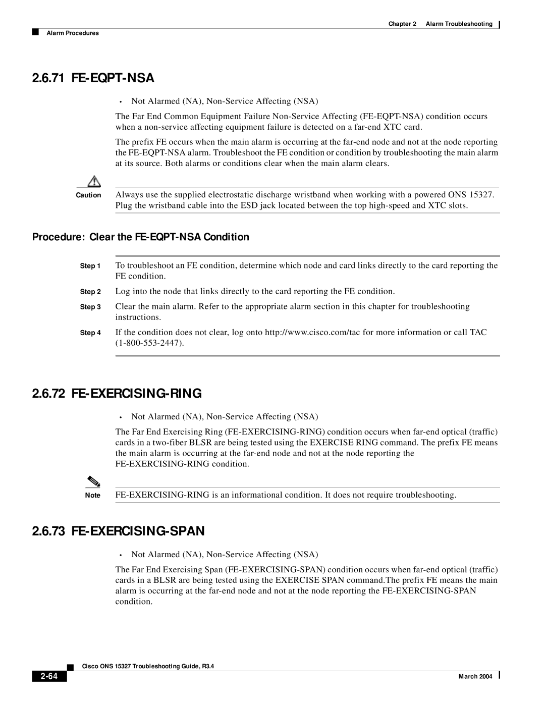 Cisco Systems ONS 15327 Fe-Eqpt-Nsa, Fe-Exercising-Ring, Fe-Exercising-Span, Procedure Clear the FE-EQPT-NSA Condition 