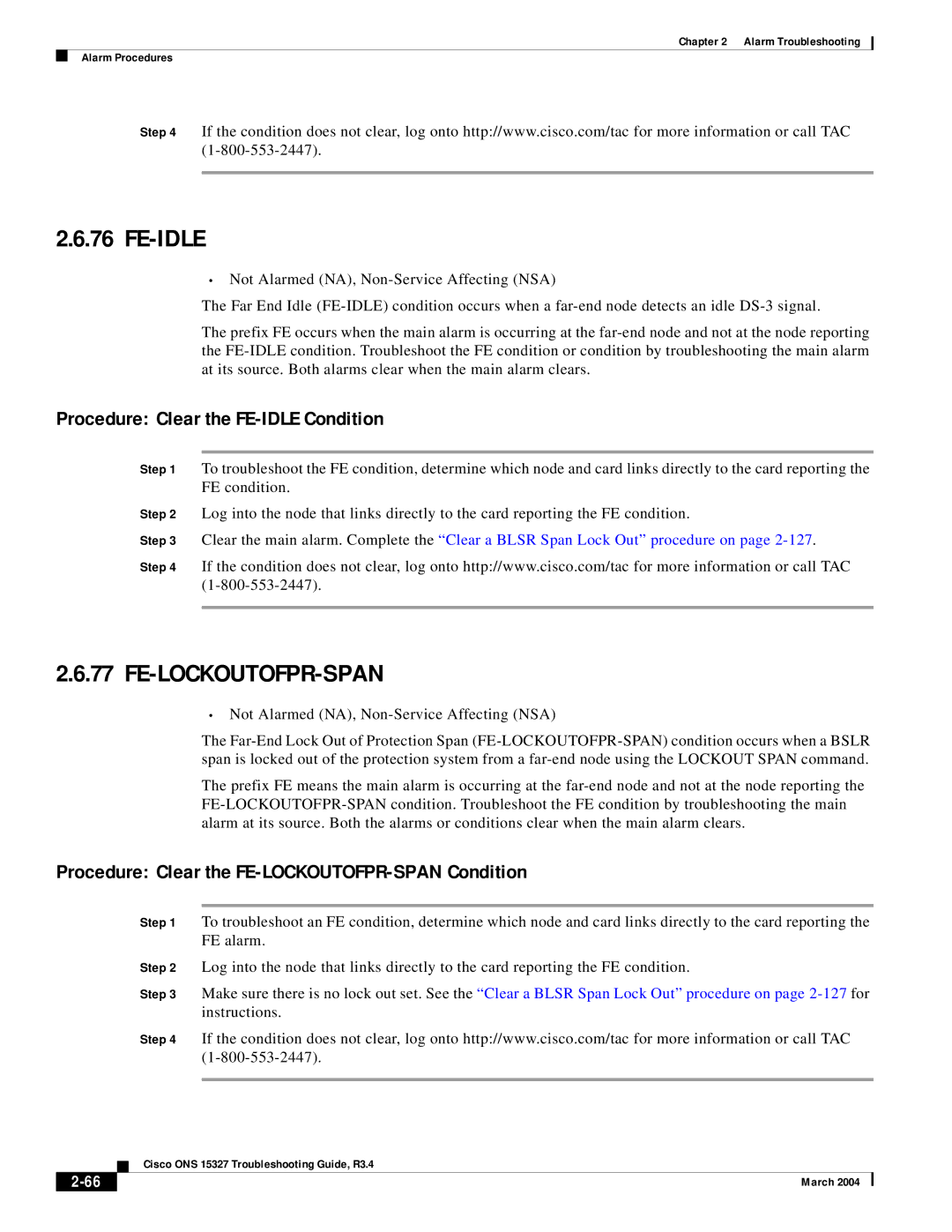 Cisco Systems ONS 15327 manual Fe-Idle, Fe-Lockoutofpr-Span, Procedure Clear the FE-IDLE Condition 