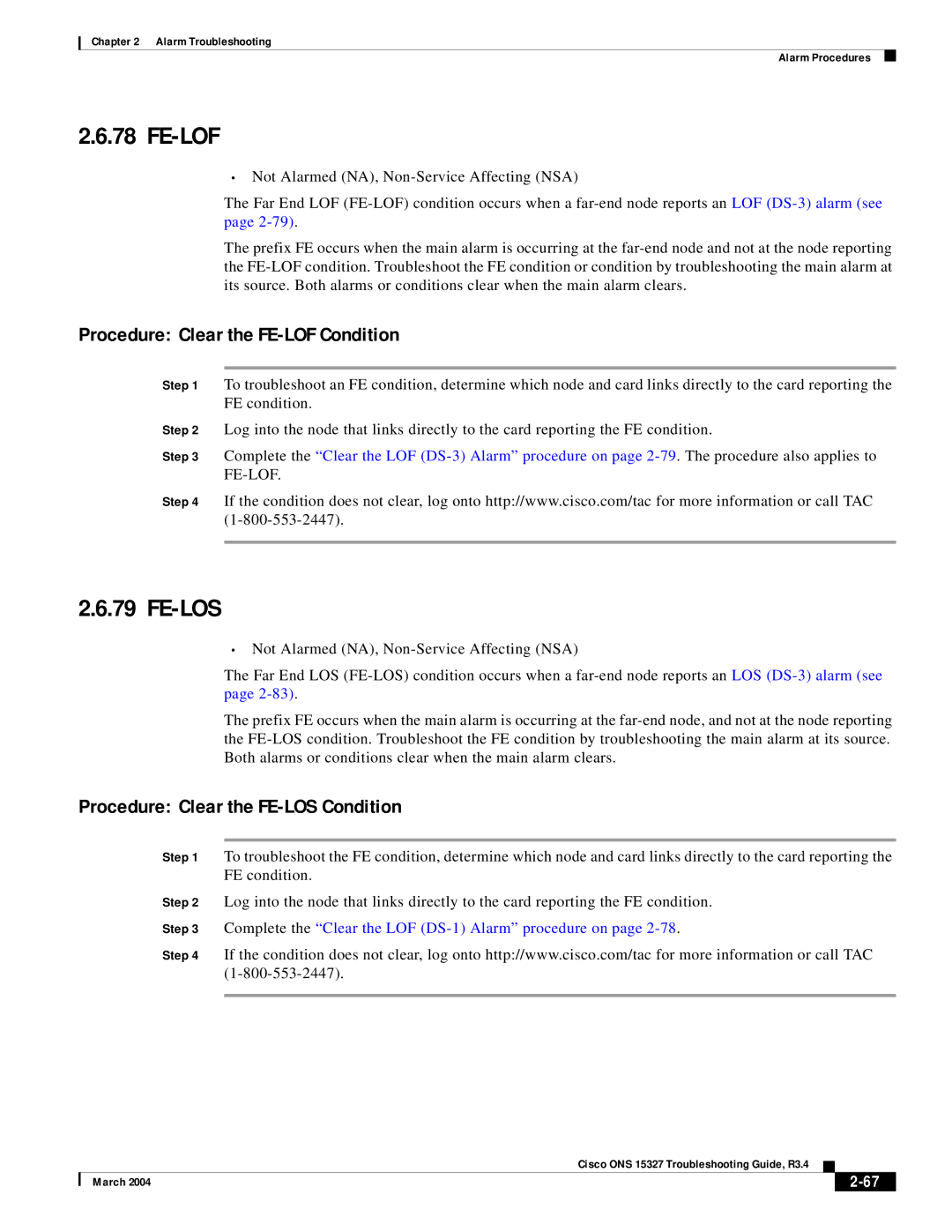 Cisco Systems ONS 15327 manual Fe-Lof, Fe-Los, Procedure Clear the FE-LOF Condition, Procedure Clear the FE-LOS Condition 