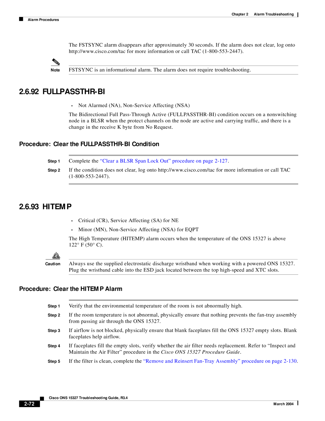 Cisco Systems ONS 15327 manual Fullpassthr-Bi, Hitemp, Procedure Clear the FULLPASSTHR-BI Condition 