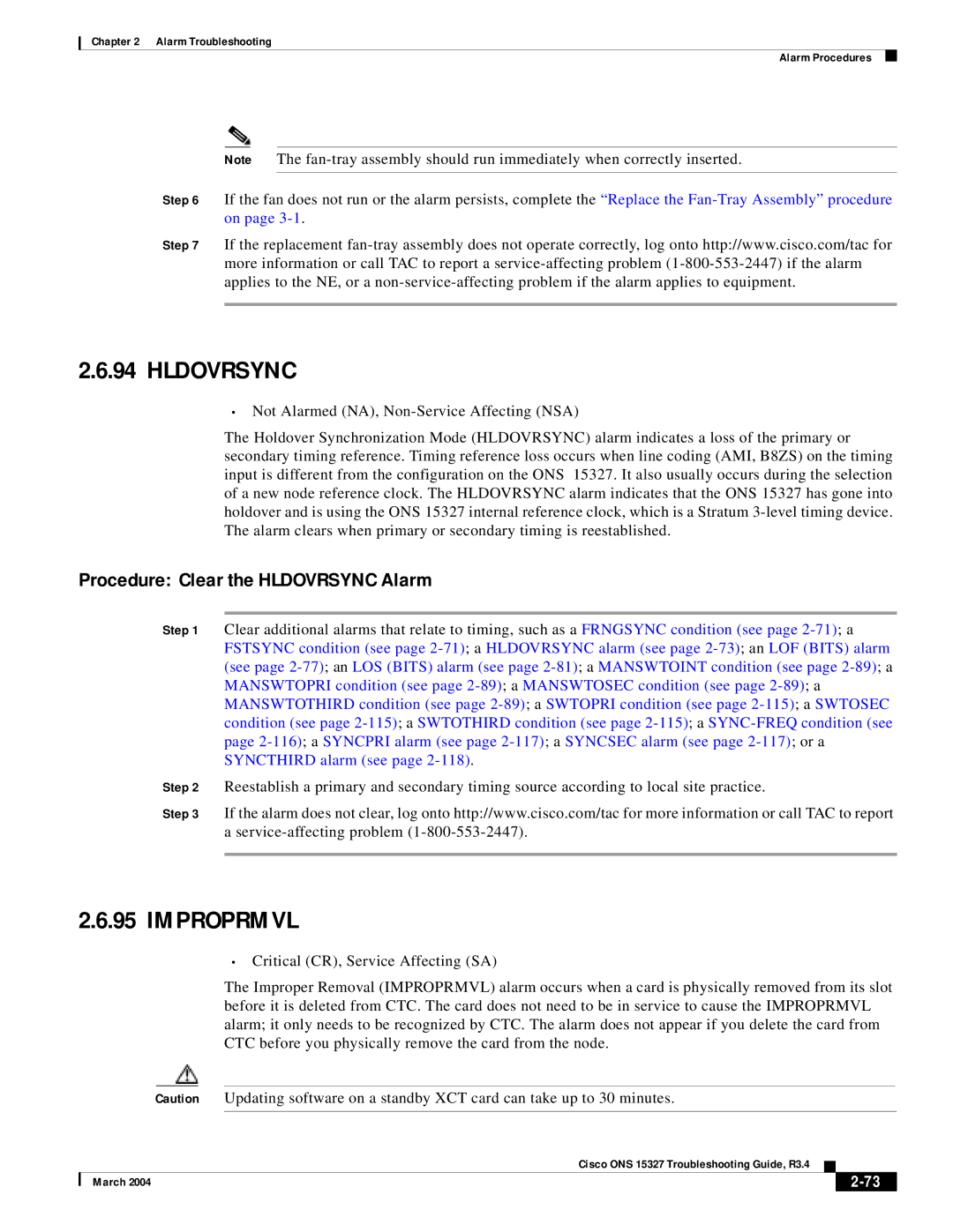 Cisco Systems ONS 15327 manual Improprmvl, Procedure Clear the Hldovrsync Alarm 