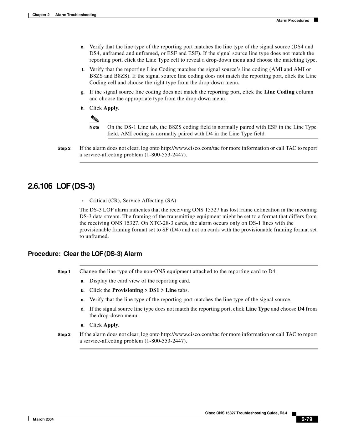 Cisco Systems ONS 15327 manual Procedure Clear the LOF DS-3 Alarm 