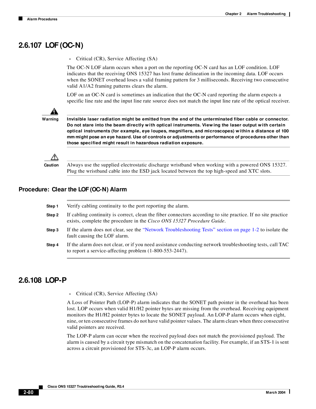 Cisco Systems ONS 15327 manual Lof Oc-N, Lop-P, Procedure Clear the LOF OC-N Alarm 