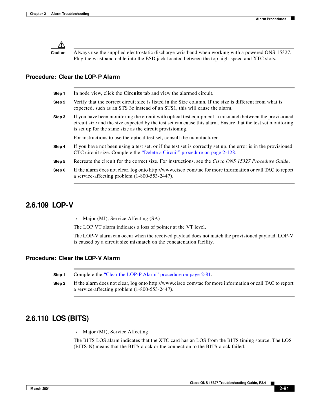 Cisco Systems ONS 15327 manual Lop-V, LOS Bits, Procedure Clear the LOP-P Alarm, Procedure Clear the LOP-V Alarm 