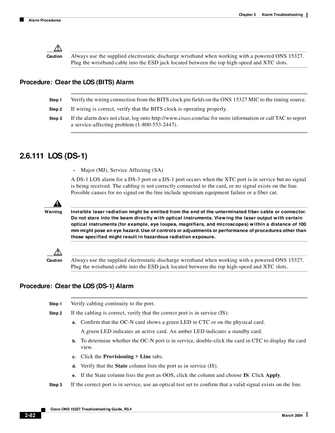 Cisco Systems ONS 15327 manual Procedure Clear the LOS Bits Alarm, Procedure Clear the LOS DS-1 Alarm 