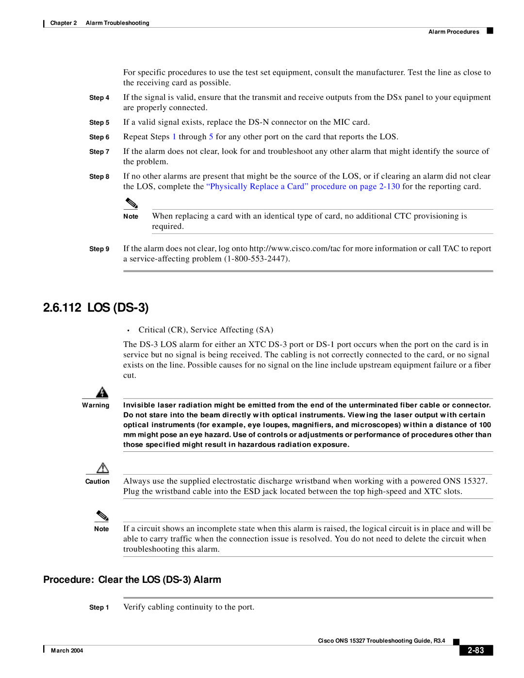 Cisco Systems ONS 15327 manual Procedure Clear the LOS DS-3 Alarm 