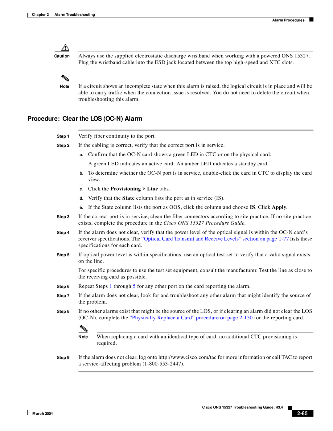 Cisco Systems ONS 15327 manual Procedure Clear the LOS OC-N Alarm 