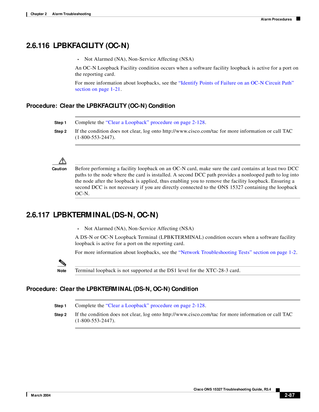 Cisco Systems ONS 15327 manual Lpbkterminal DS-N, OC-N, Procedure Clear the Lpbkfacility OC-N Condition 