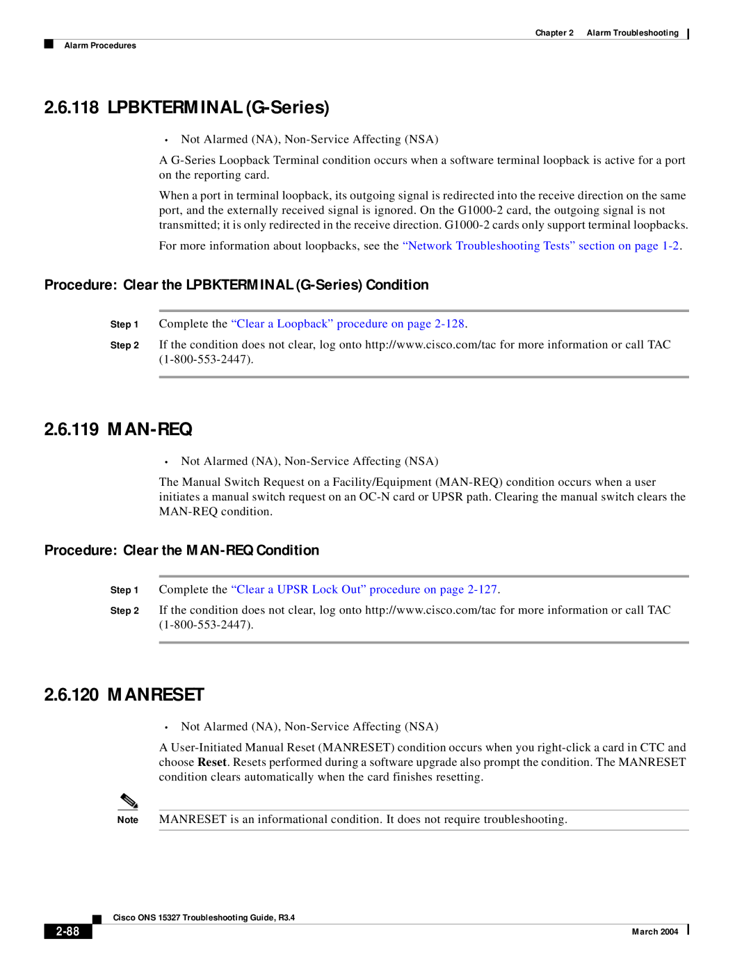 Cisco Systems ONS 15327 manual Man-Req, Manreset, Procedure Clear the Lpbkterminal G-Series Condition 