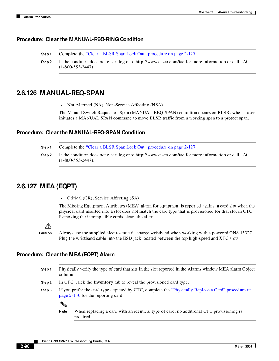 Cisco Systems ONS 15327 manual Manual-Req-Span, MEA Eqpt, Procedure Clear the MANUAL-REQ-RING Condition 