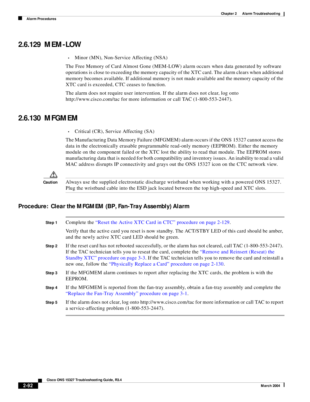 Cisco Systems ONS 15327 manual Mem-Low, Procedure Clear the Mfgmem BP, Fan-Tray Assembly Alarm 