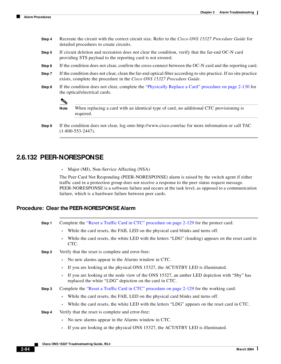 Cisco Systems ONS 15327 manual Peer-Noresponse, Procedure Clear the PEER-NORESPONSE Alarm 