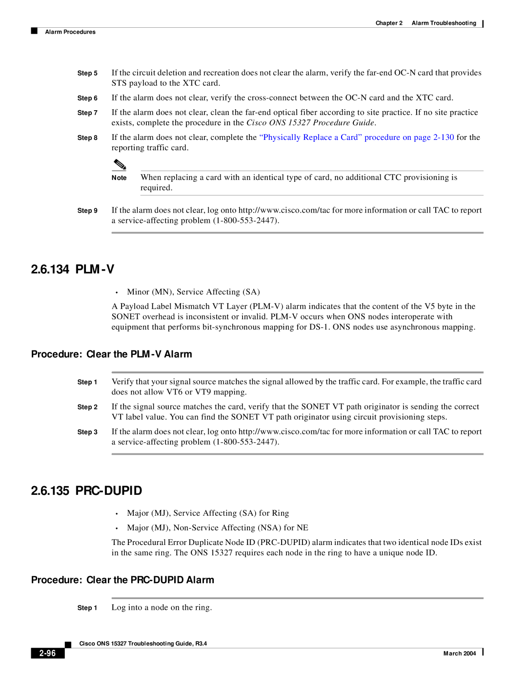 Cisco Systems ONS 15327 manual Plm-V, Prc-Dupid, Procedure Clear the PLM-V Alarm, Procedure Clear the PRC-DUPID Alarm 