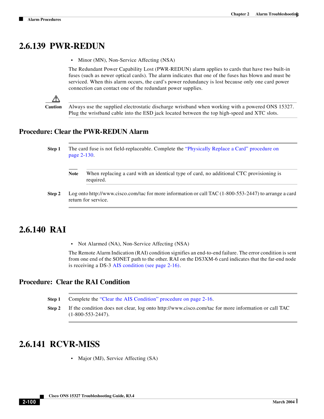 Cisco Systems ONS 15327 manual Pwr-Redun, 140 RAI, Rcvr-Miss, Procedure Clear the PWR-REDUN Alarm 