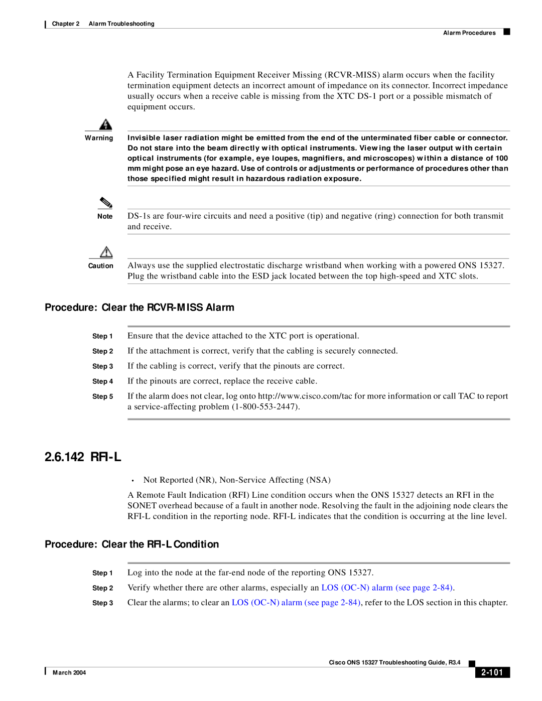 Cisco Systems ONS 15327 manual Rfi-L, Procedure Clear the RCVR-MISS Alarm, Procedure Clear the RFI-L Condition, 101 