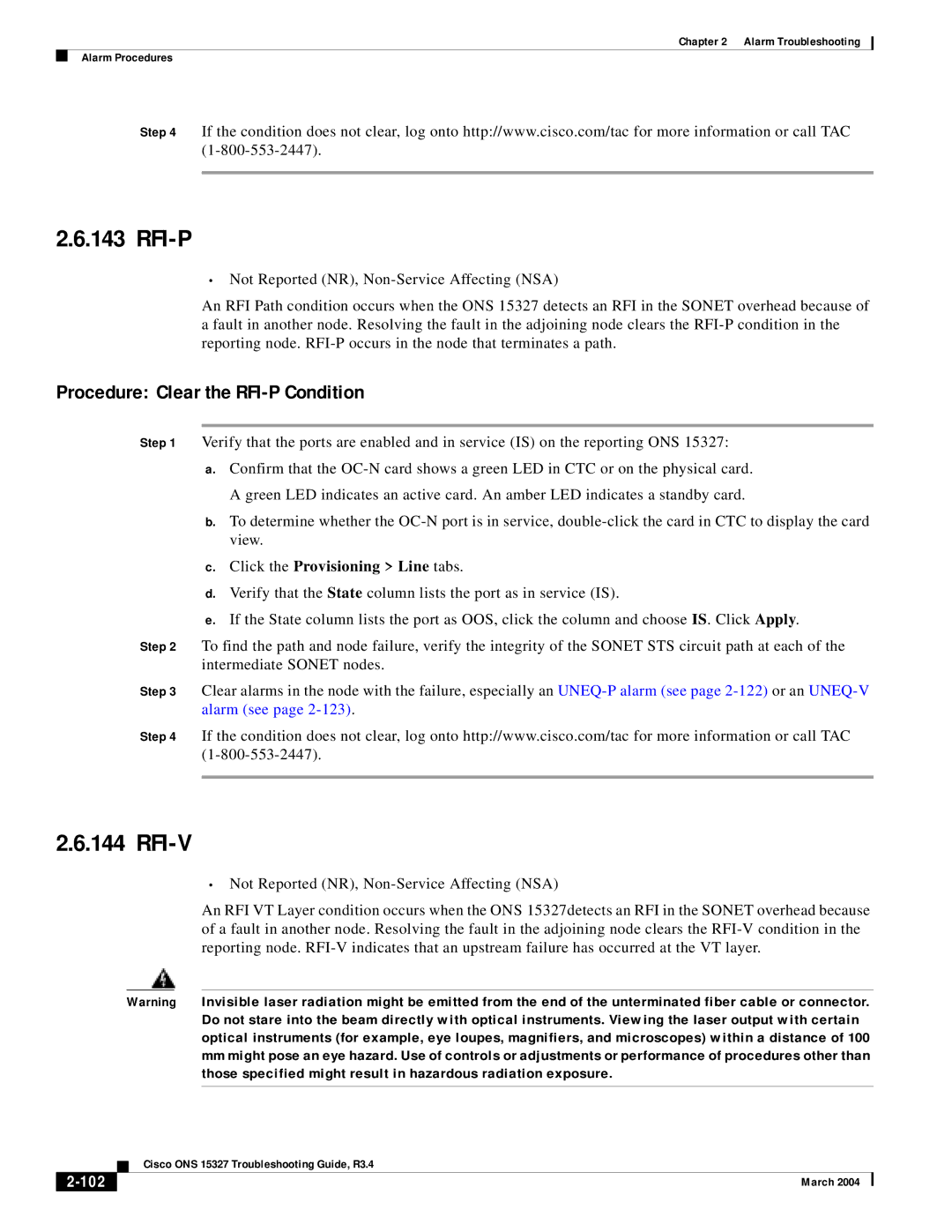 Cisco Systems ONS 15327 manual Rfi-P, Rfi-V, Procedure Clear the RFI-P Condition, 102 