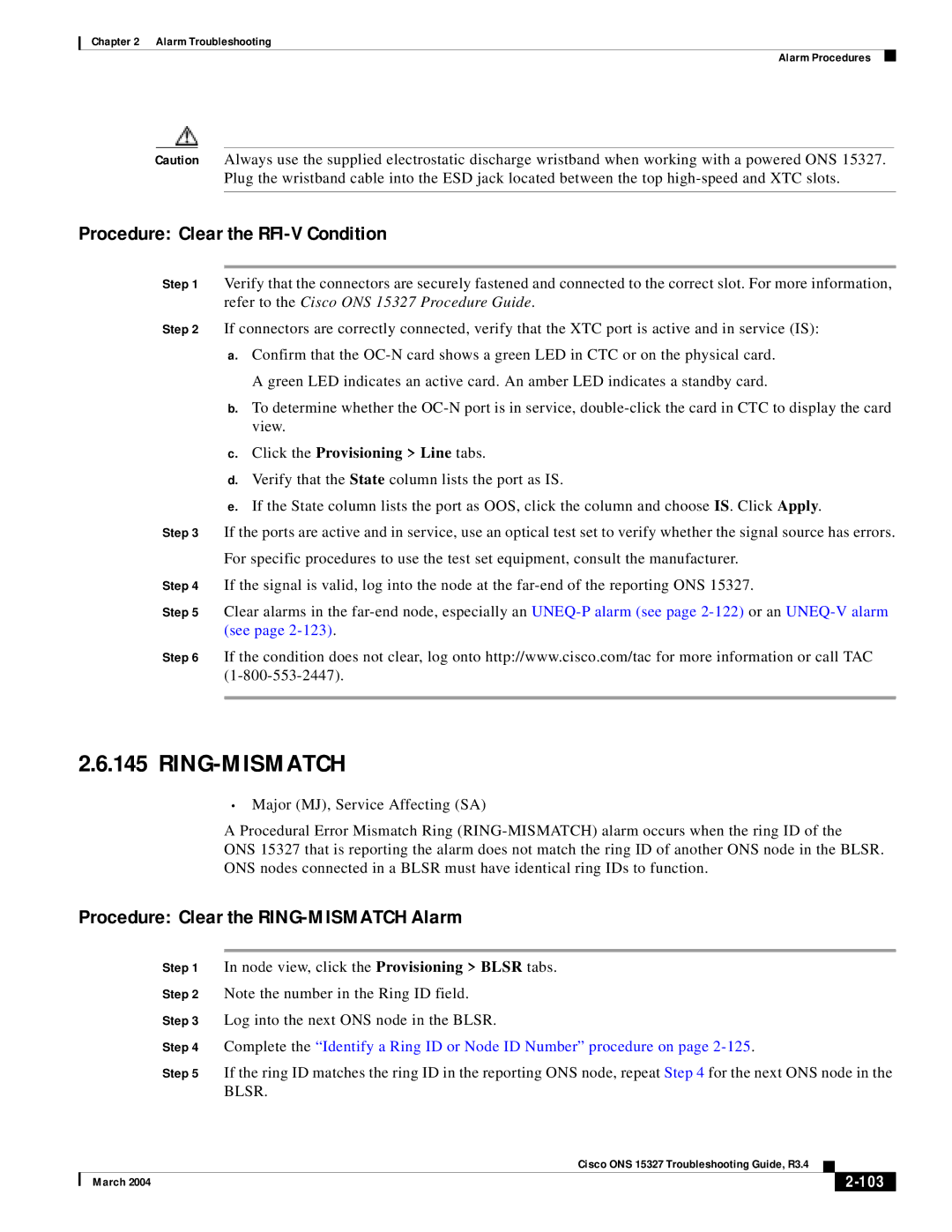 Cisco Systems ONS 15327 Ring-Mismatch, Procedure Clear the RFI-V Condition, Procedure Clear the RING-MISMATCH Alarm, 103 