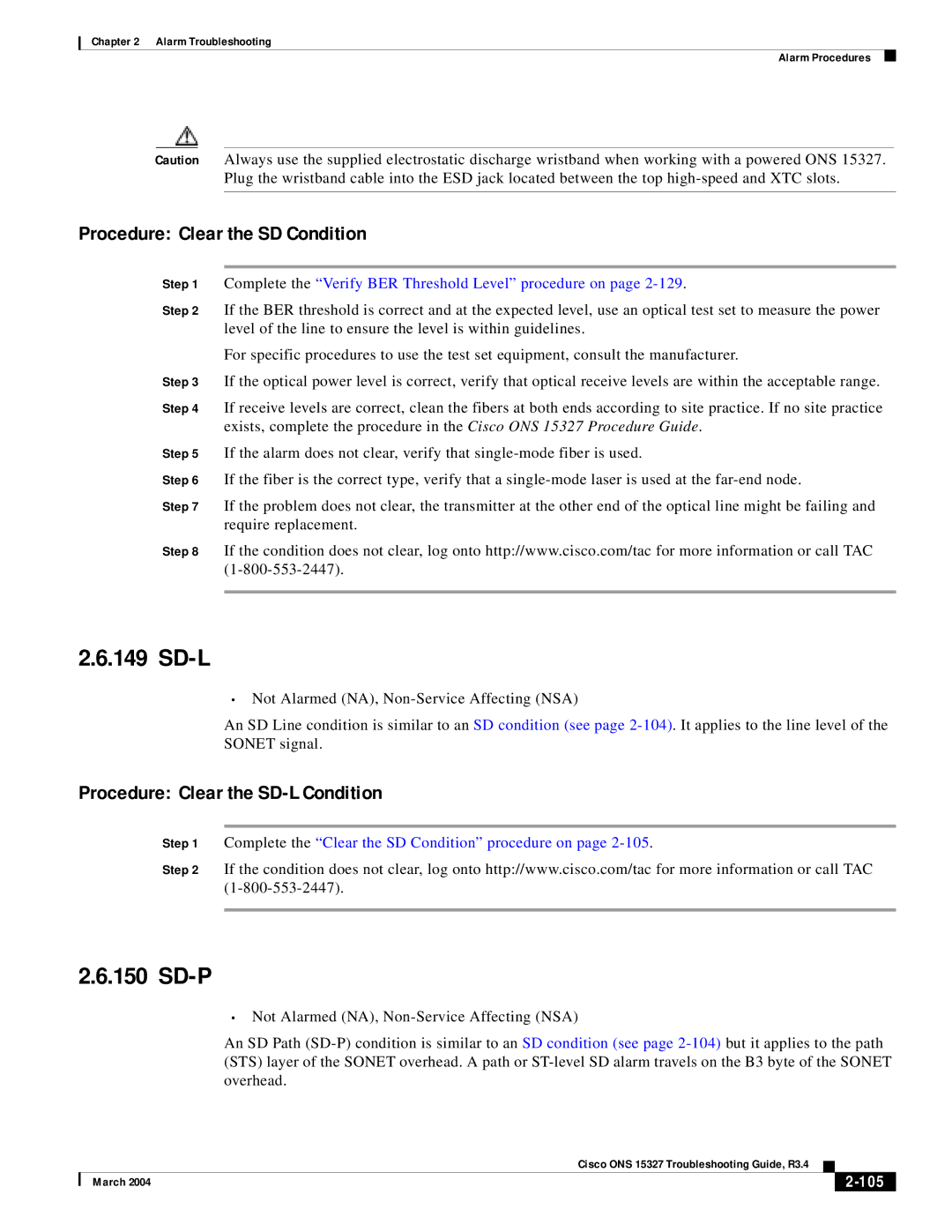 Cisco Systems ONS 15327 manual Sd-L, Sd-P, Procedure Clear the SD Condition, Procedure Clear the SD-L Condition, 105 