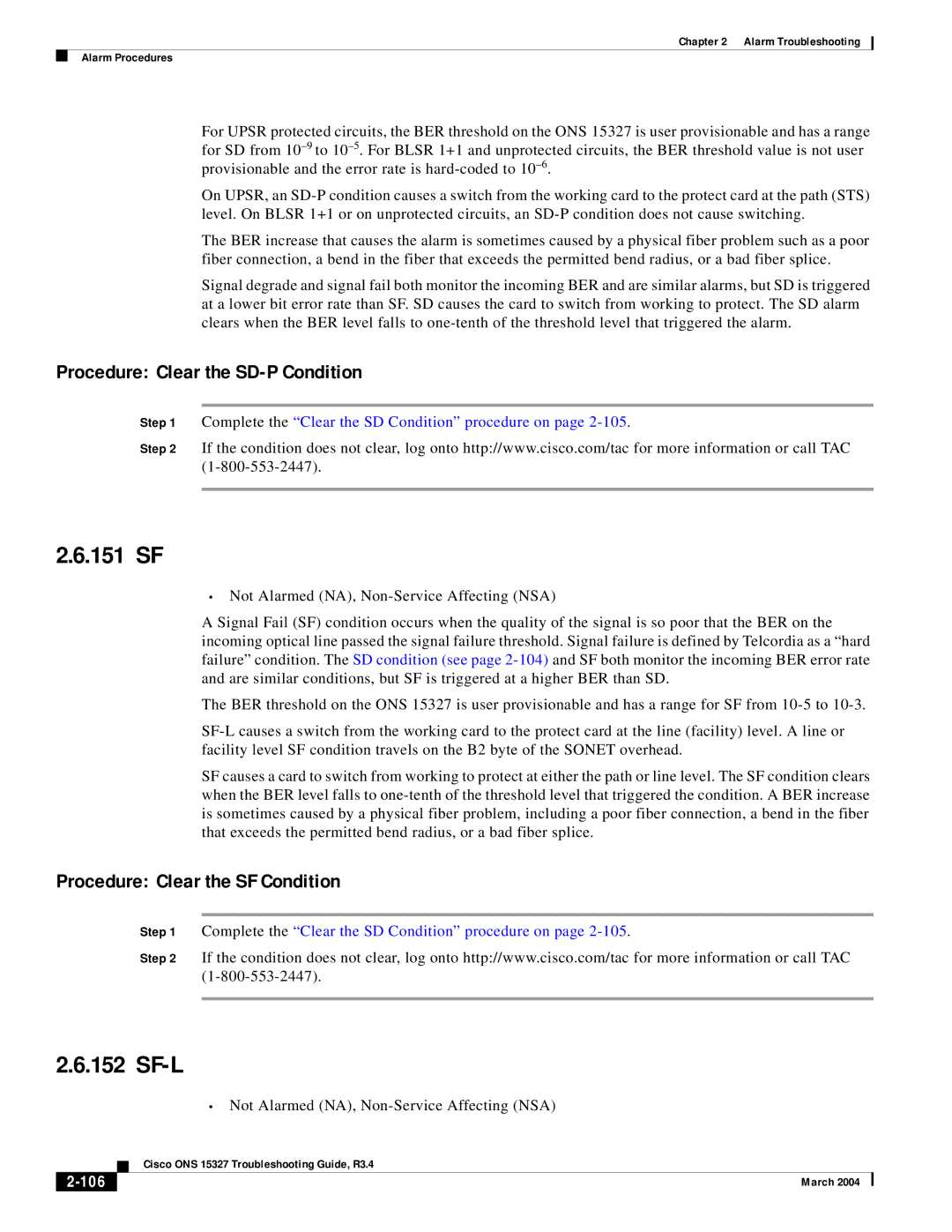 Cisco Systems ONS 15327 manual 151 SF, Sf-L, Procedure Clear the SD-P Condition, Procedure Clear the SF Condition, 106 