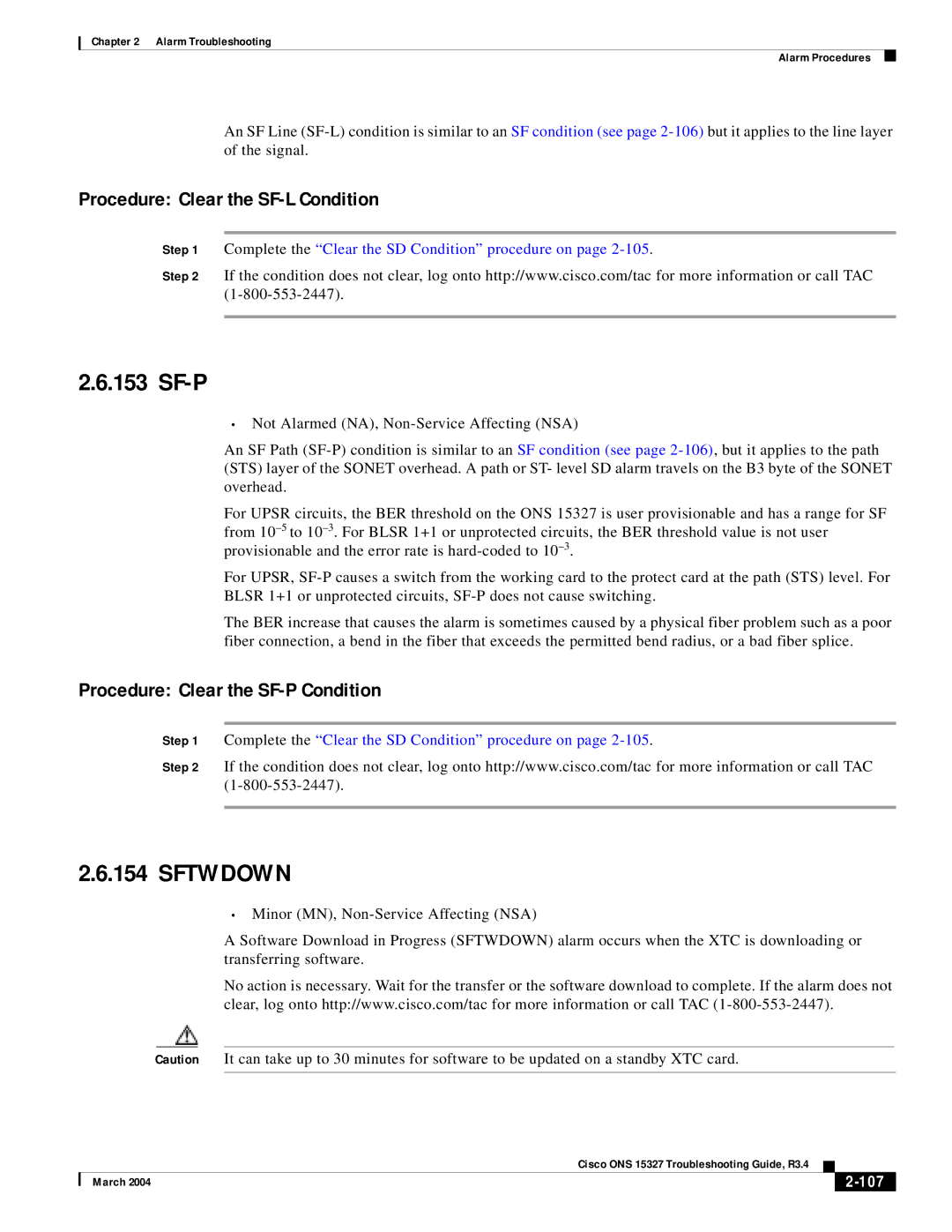 Cisco Systems ONS 15327 manual Sf-P, Sftwdown, Procedure Clear the SF-L Condition, Procedure Clear the SF-P Condition, 107 