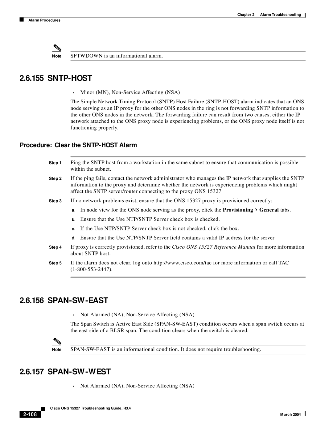 Cisco Systems ONS 15327 manual Sntp-Host, Span-Sw-East, Span-Sw-West, Procedure Clear the SNTP-HOST Alarm, 108 