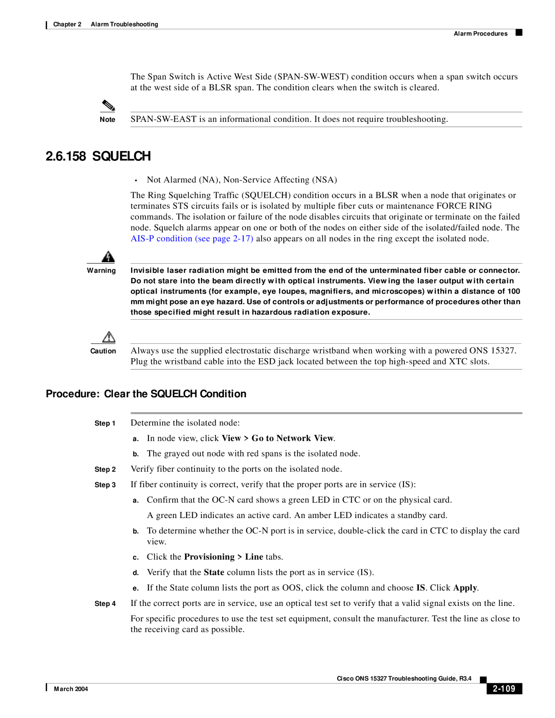 Cisco Systems ONS 15327 manual Procedure Clear the Squelch Condition, 109 