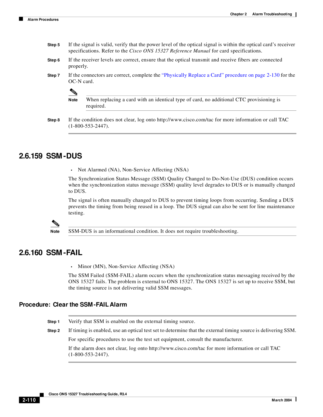 Cisco Systems ONS 15327 manual Ssm-Dus, Ssm-Fail, Procedure Clear the SSM-FAIL Alarm, 110 