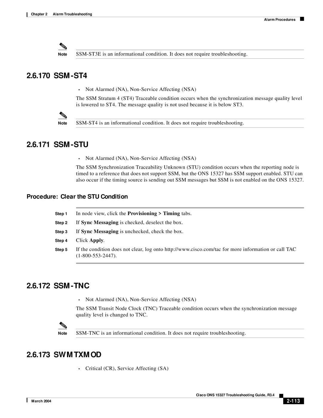 Cisco Systems ONS 15327 manual SSM-ST4, Ssm-Stu, Ssm-Tnc, Swmtxmod, Procedure Clear the STU Condition 