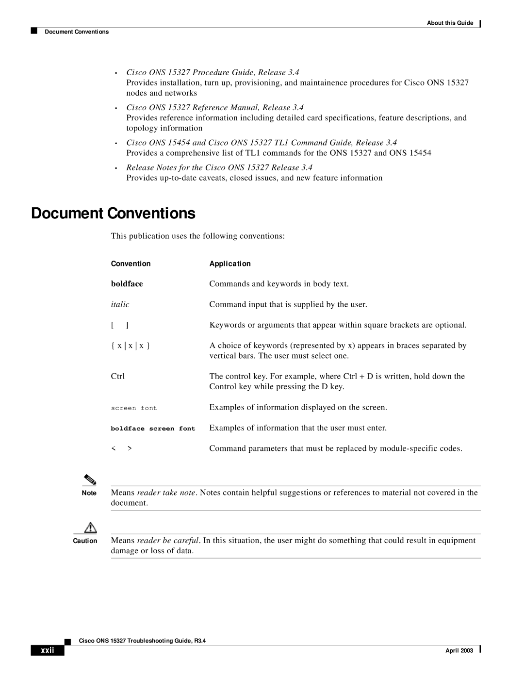 Cisco Systems ONS 15327 manual Document Conventions, Boldface, Xxii 