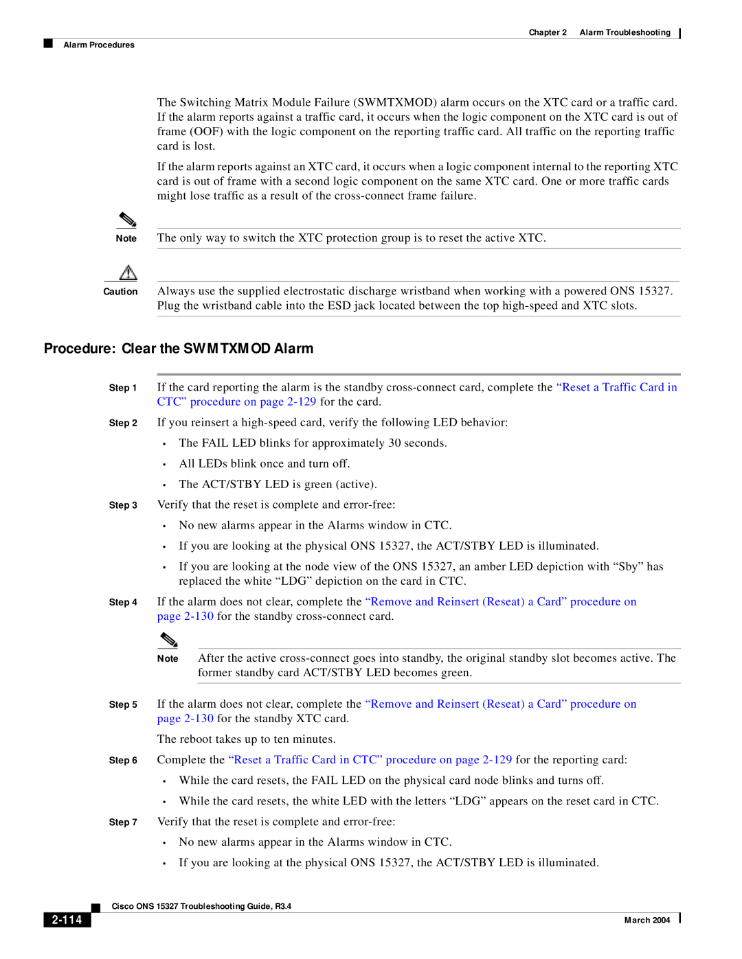 Cisco Systems ONS 15327 manual Procedure Clear the Swmtxmod Alarm, 114 