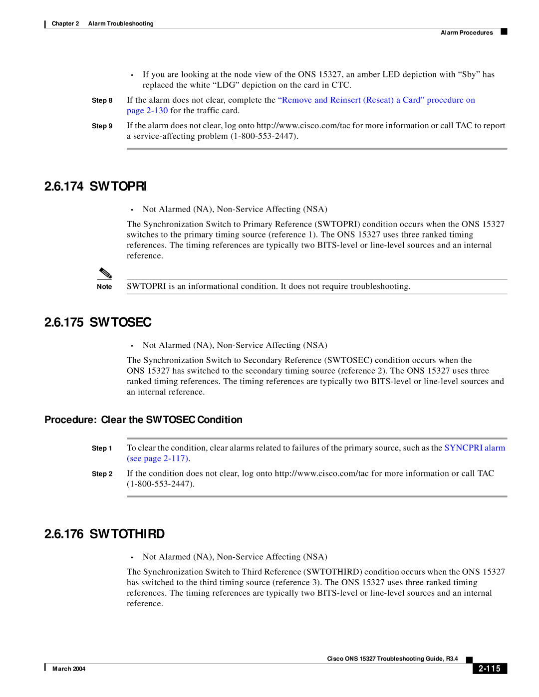 Cisco Systems ONS 15327 manual Swtopri, Swtothird, Procedure Clear the Swtosec Condition, 115 