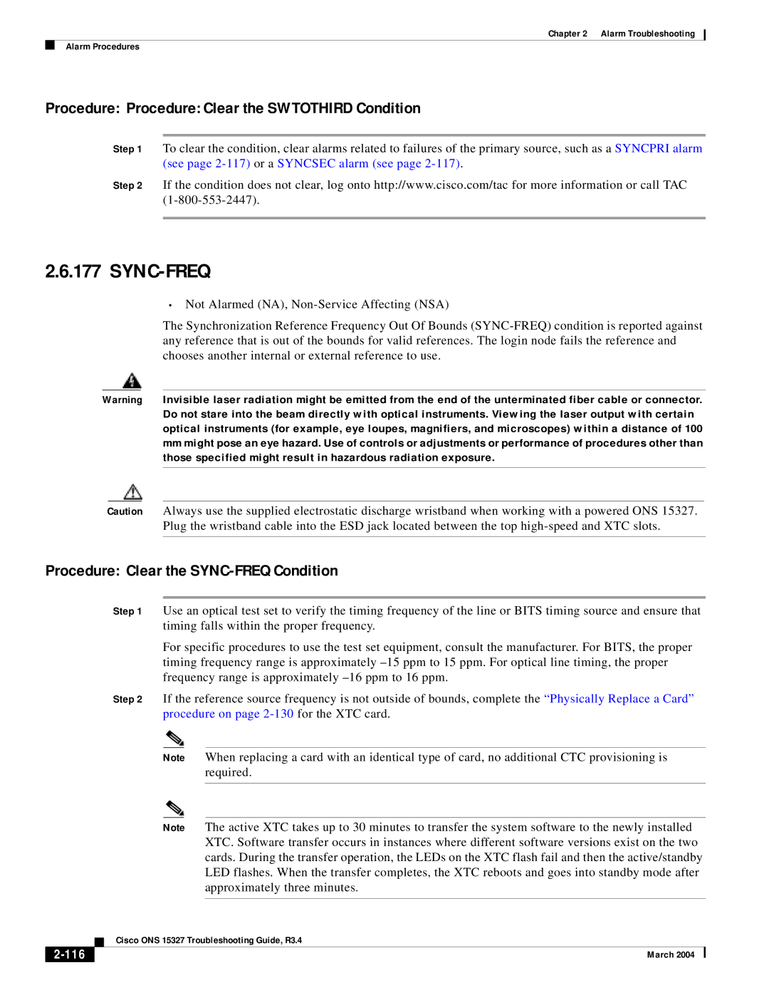 Cisco Systems ONS 15327 manual Sync-Freq, Procedure Procedure Clear the Swtothird Condition, 116 