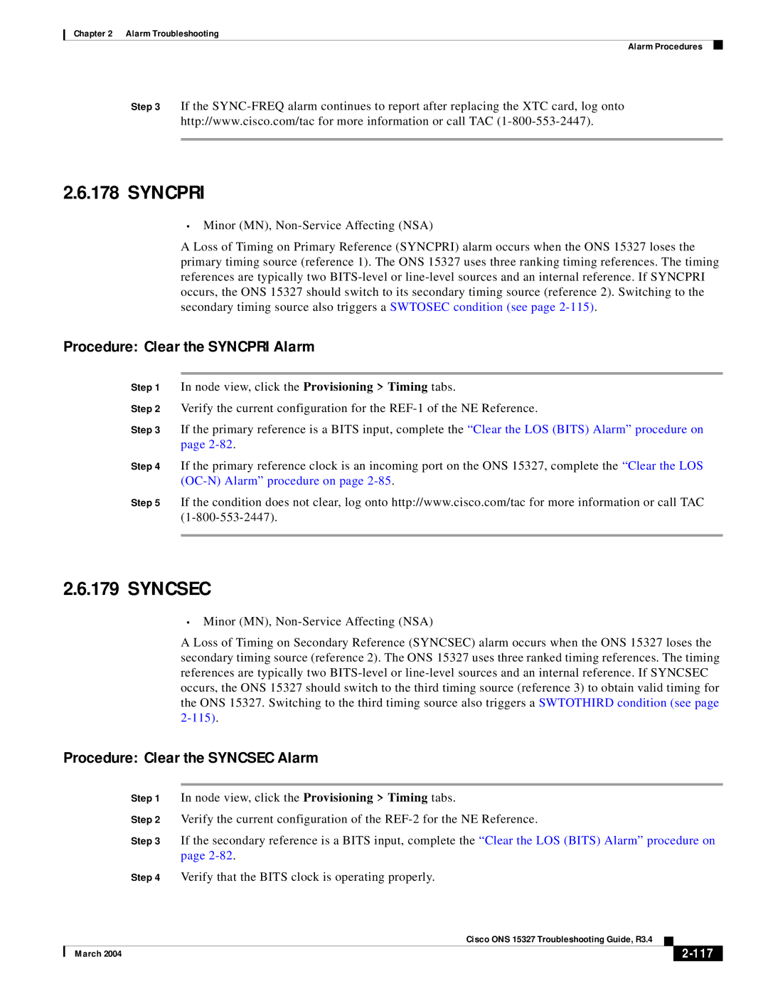 Cisco Systems ONS 15327 manual Procedure Clear the Syncpri Alarm, Procedure Clear the Syncsec Alarm, 117 