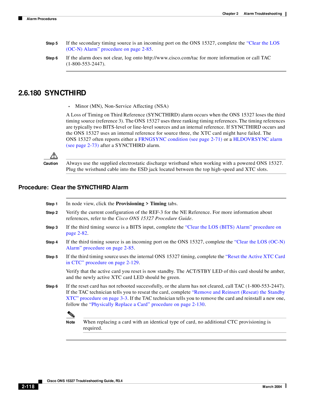 Cisco Systems ONS 15327 manual Procedure Clear the Syncthird Alarm, 118 