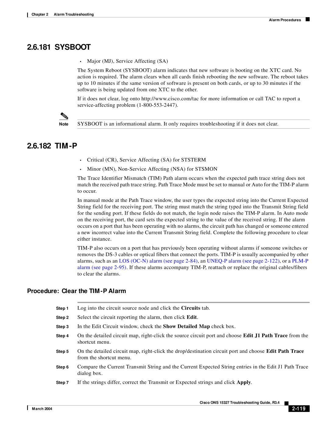 Cisco Systems ONS 15327 manual Sysboot, Tim-P, Procedure Clear the TIM-P Alarm, 119 