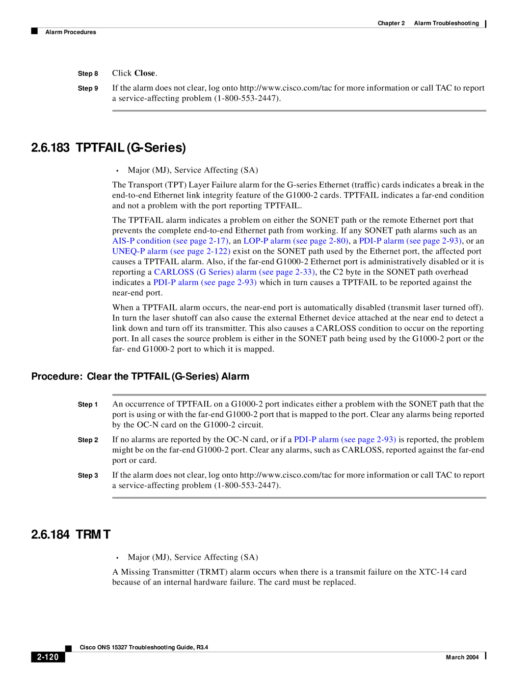 Cisco Systems ONS 15327 manual Trmt, Procedure Clear the Tptfail G-Series Alarm, 120 