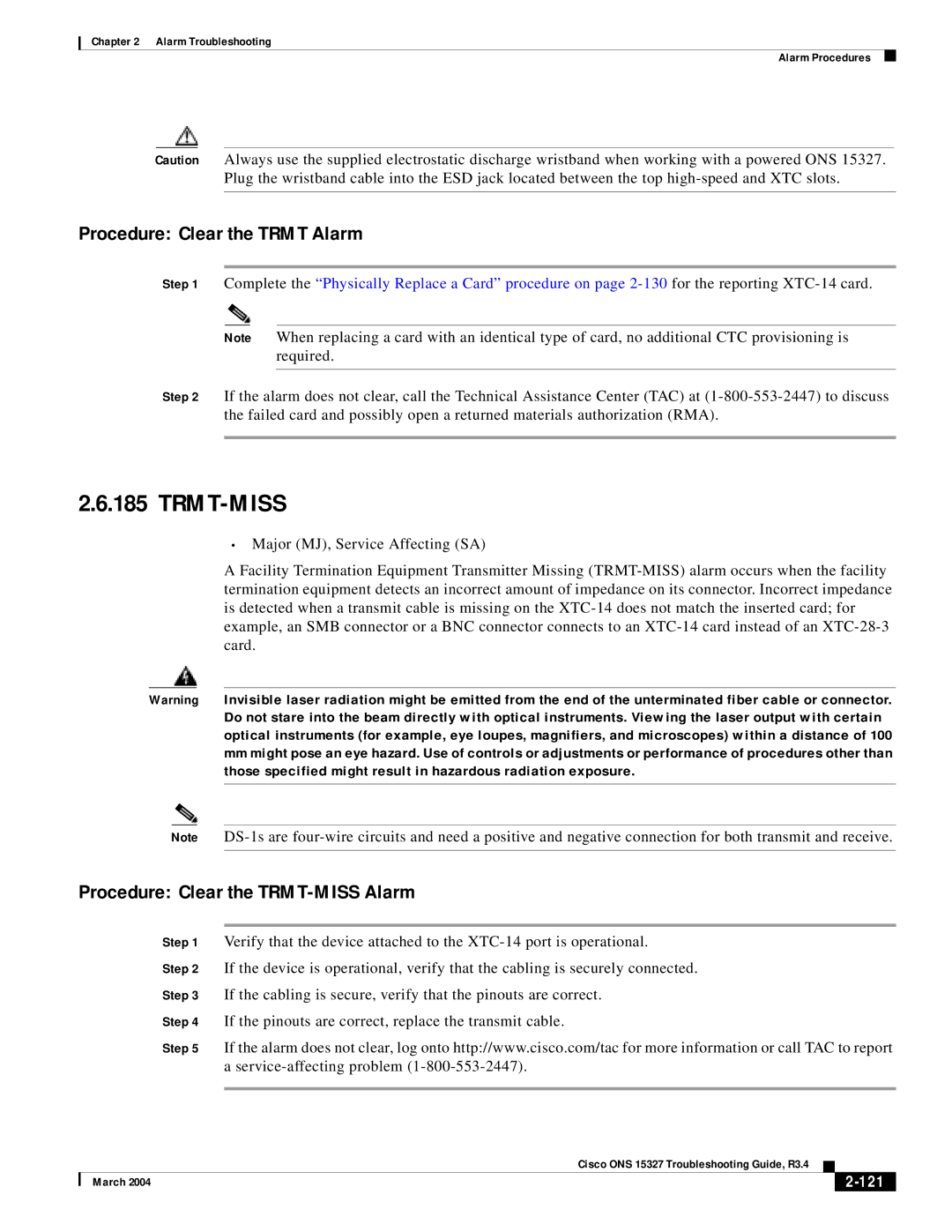 Cisco Systems ONS 15327 manual Trmt-Miss, Procedure Clear the Trmt Alarm, Procedure Clear the TRMT-MISS Alarm, 121 