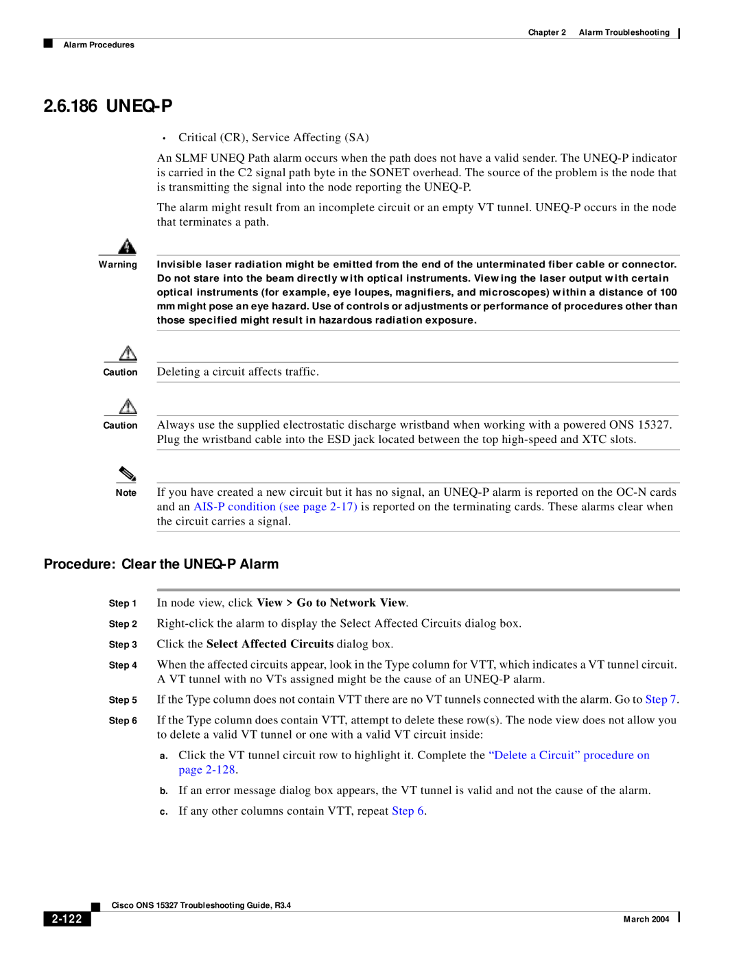 Cisco Systems ONS 15327 manual Uneq-P, Procedure Clear the UNEQ-P Alarm, Click the Select Affected Circuits dialog box, 122 