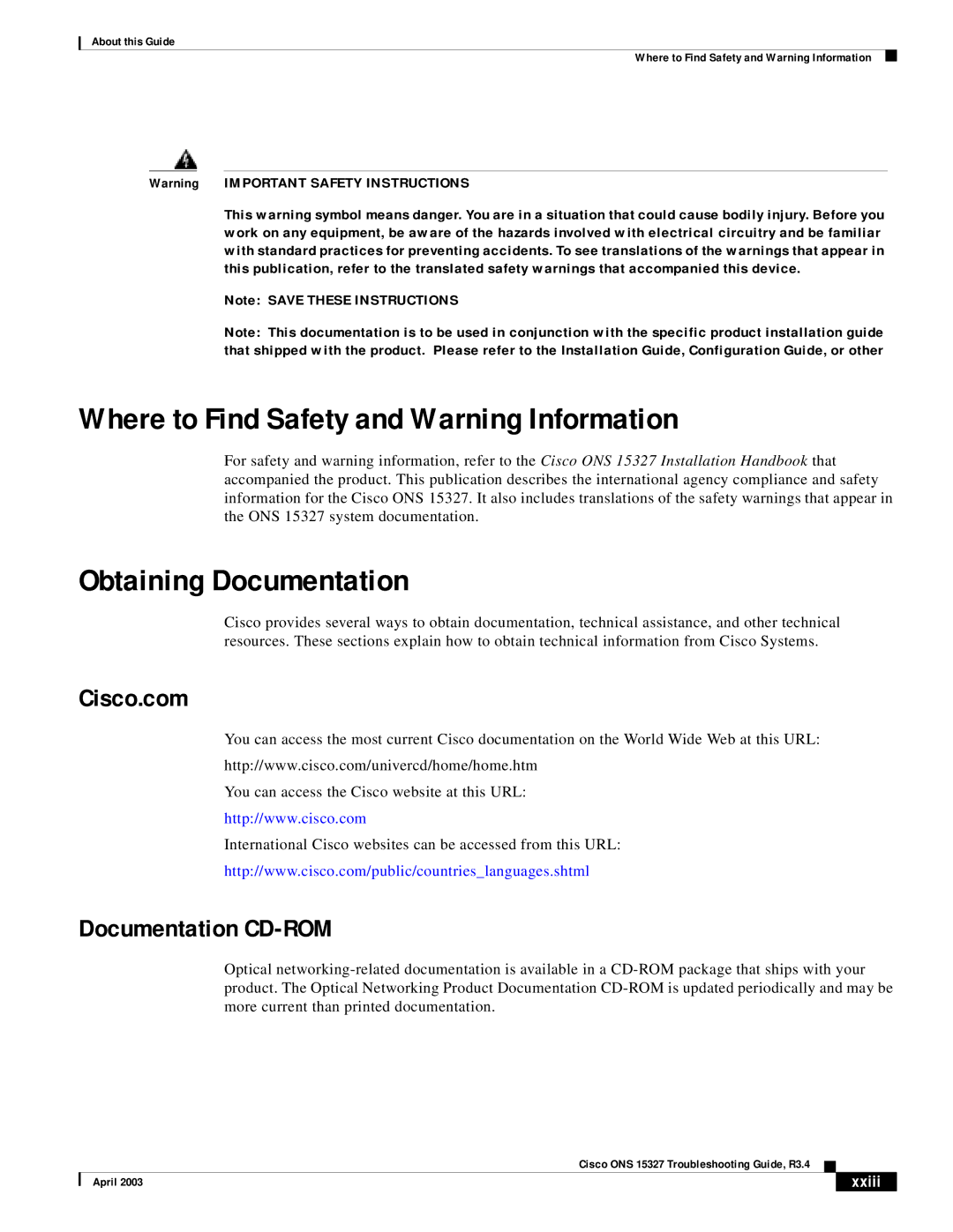 Cisco Systems ONS 15327 manual Where to Find Safety and Warning Information, Obtaining Documentation, Cisco.com, Xxiii 