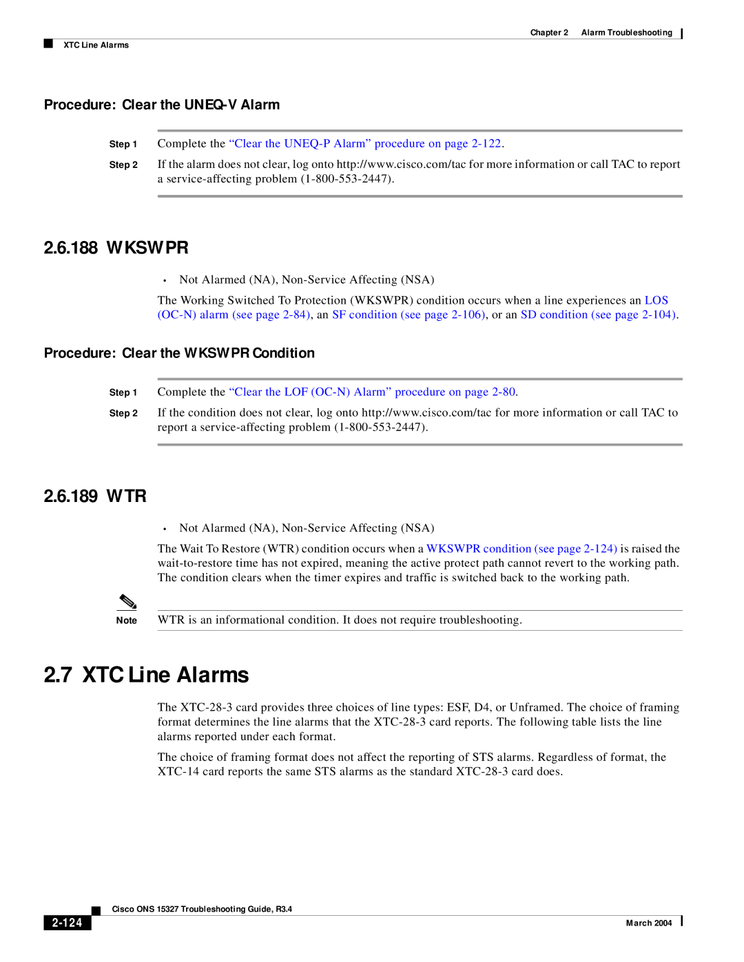 Cisco Systems ONS 15327 manual XTC Line Alarms, Wkswpr, 189 WTR, Procedure Clear the UNEQ-V Alarm 