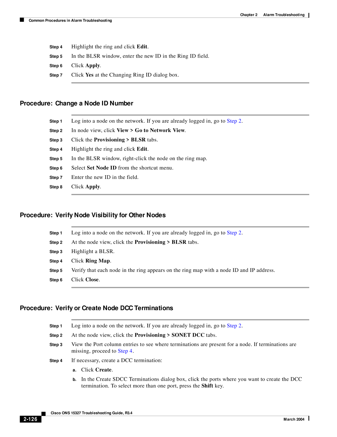 Cisco Systems ONS 15327 manual Procedure Change a Node ID Number, Procedure Verify Node Visibility for Other Nodes, 126 