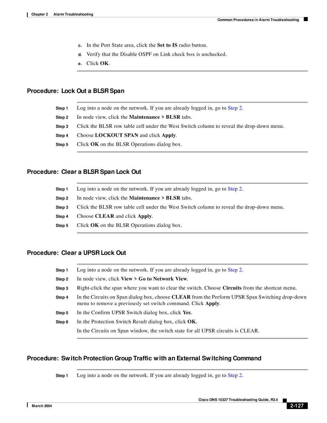 Cisco Systems ONS 15327 manual Procedure Lock Out a Blsr Span, Procedure Clear a Blsr Span Lock Out, 127 